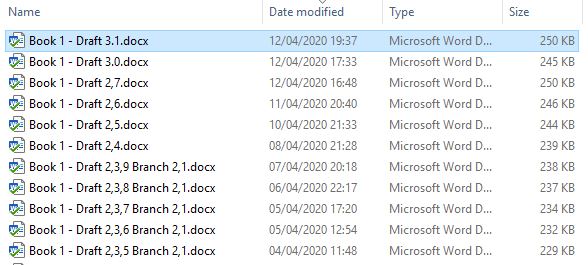 Inside of a folder with mulitple Word documents labeled Book 1 - Draft, and different versions numbers, the last is Draft 3.1