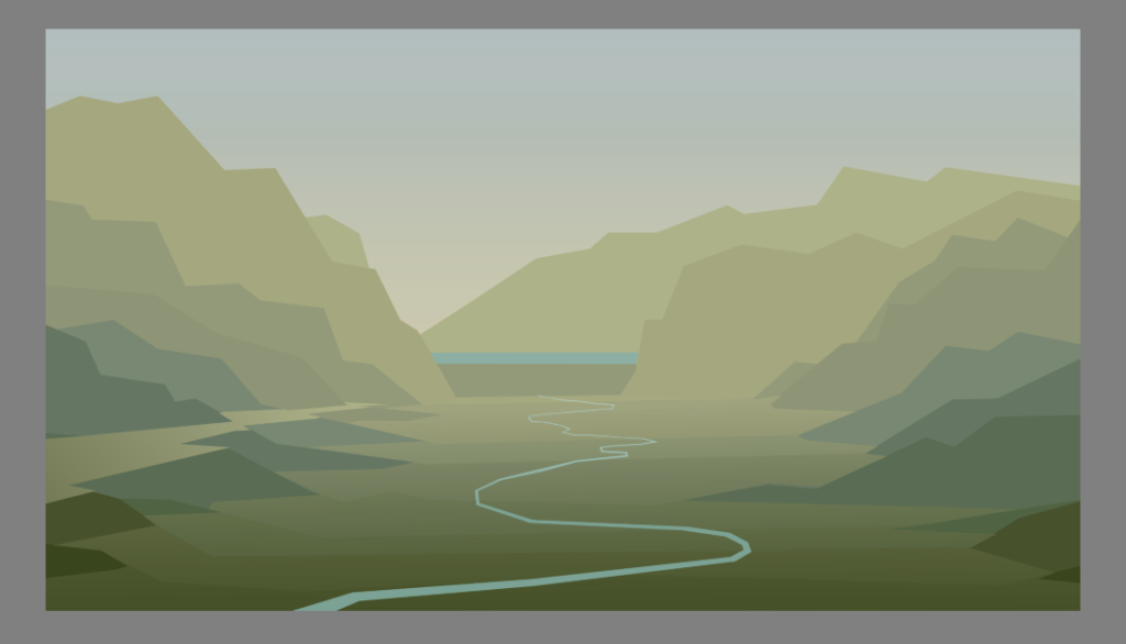 A valley with flatlands and a river in the middle. In the back a dam holding back a lake. Painting